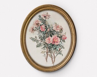 May include: A framed oval print of a watercolor painting of pink roses with green leaves and stems.