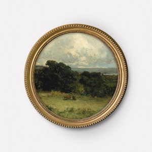 May include: A framed painting depicting a landscape scene with a cloudy sky, green trees, and a field in the foreground.