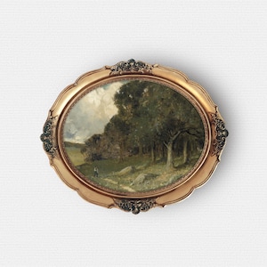 Oval unframed art print, Vintage landscape painting print, Round farm art print, Unframed Print