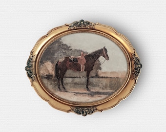 May include: A framed painting of a brown horse standing in a field. The frame is gold and has a decorative design.