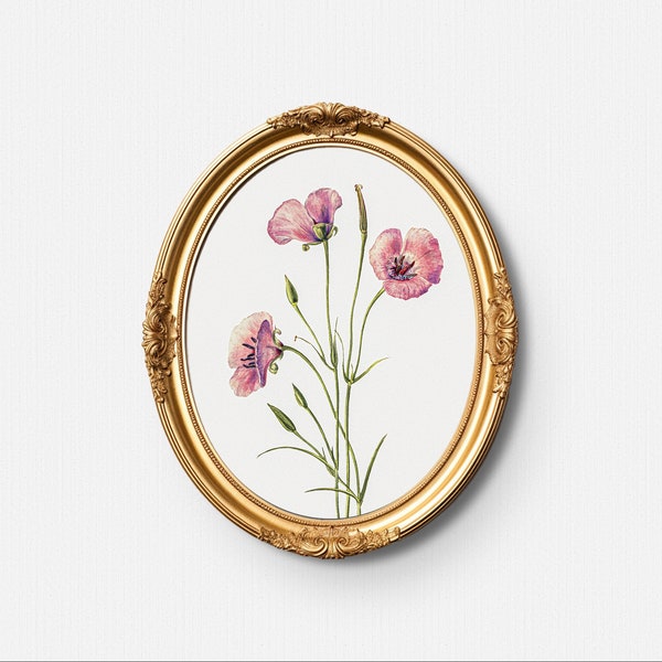 Oval art print, Vintage flower painting, Round floral art print