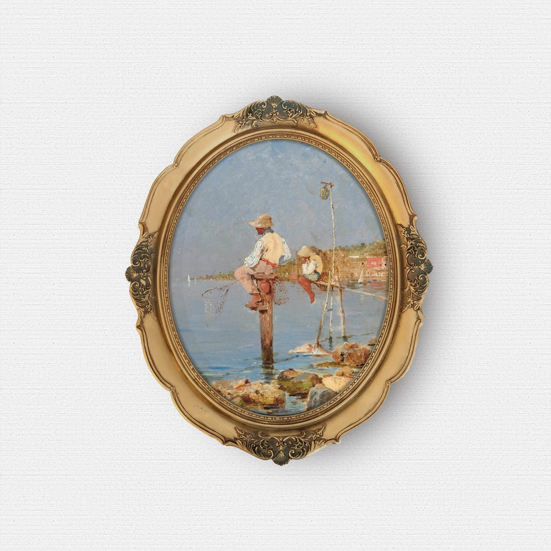 Oval Unframed Art Print, Vintage Fishing Painting, Round Art Print ...