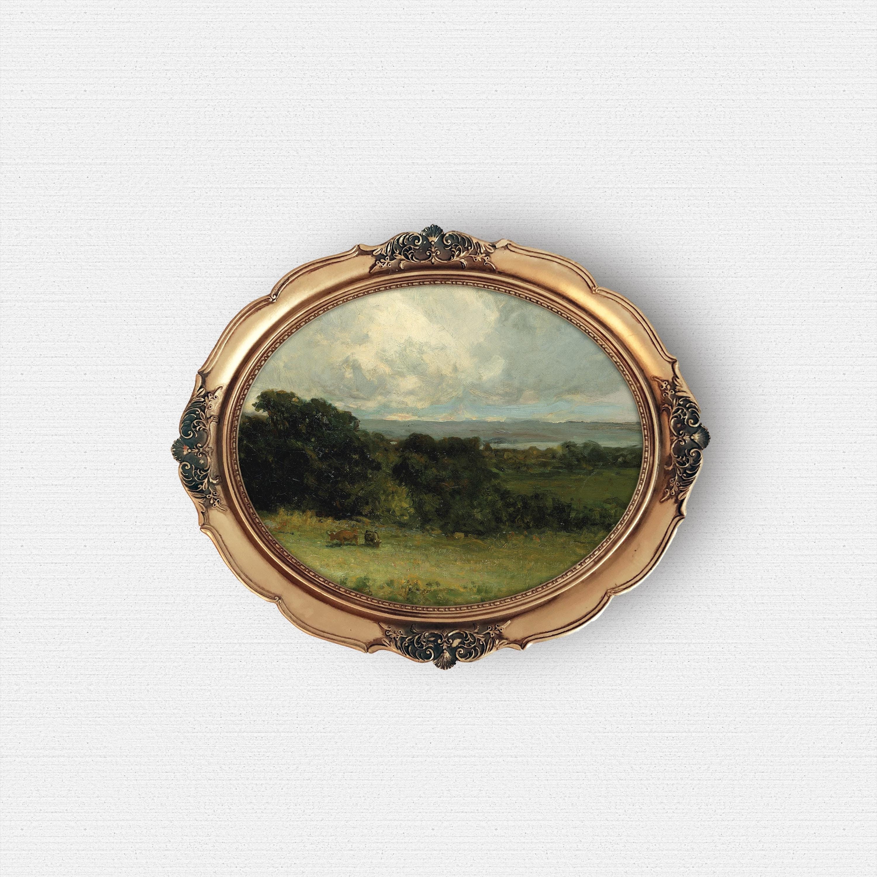 Oval unframed art print, Vintage landscape painting, Round farm art print, Unframed print