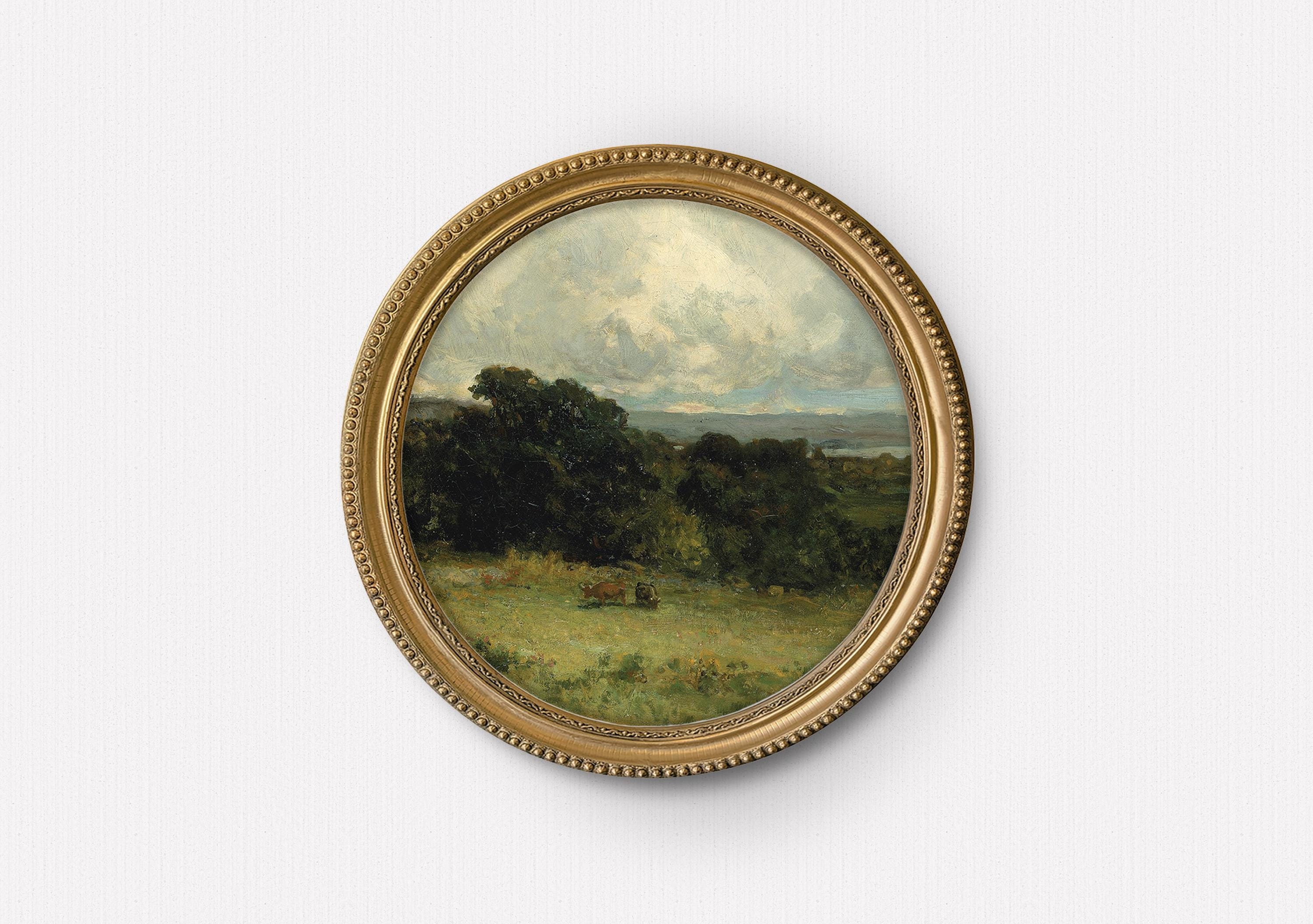 Round unframed art print, Vintage farm landscape painting, Circular nature art print, Unframed print