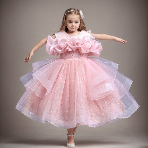 Little Kids Girls Enchanting Elegance Children's Gown - Tulle-Laced Party Dress Ideal for Piano Performances & Celebratory Events