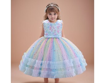 Robe de princesse en tulle pour petits enfants, spectacles et anniversaires, champagne, bleu ciel, violet, rose, prête pour toutes les saisons