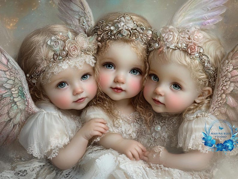 May include: Three young girls with blonde hair wearing white dresses and floral crowns. The girls are holding each other and have their eyes closed. The background is a soft, light blue with a few stars. The image is titled 'Marina Blue Studio'.