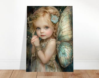 May include: A digital art print of a young child with blonde hair, blue eyes, and butterfly wings. The child is wearing a light-colored dress and a floral crown. The wings are a mix of blue and green. The artwork is displayed on a white wall above a wooden floor.