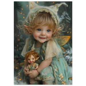 May include: A young girl dressed as a fairy with pointed ears and a green and gold dress holds a smaller doll dressed as a fairy. The girl has blonde hair and blue eyes and is smiling. The background is a blurry forest scene with lights.