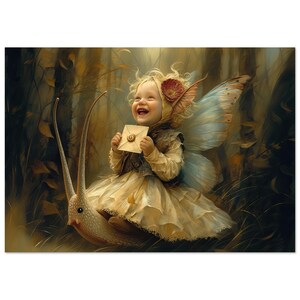 Op de afbeelding: Een grillige illustratie toont een lachend kind verkleed als fee, met een kleine envelop in de hand. Het kind zit op een grote slak, met vlindervleugels en een bloemenhaarband. De achtergrond is een bos met warme tinten.