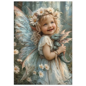 Lámina artística de hada margarita y dragón: decoración infantil caprichosa