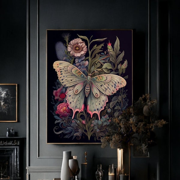 Trendy Bohemian Digitaler Kunstdruck Pastelfarbende Druckbare Wandkunst. Pastel Schmetterling vor Blumen und Kräutern