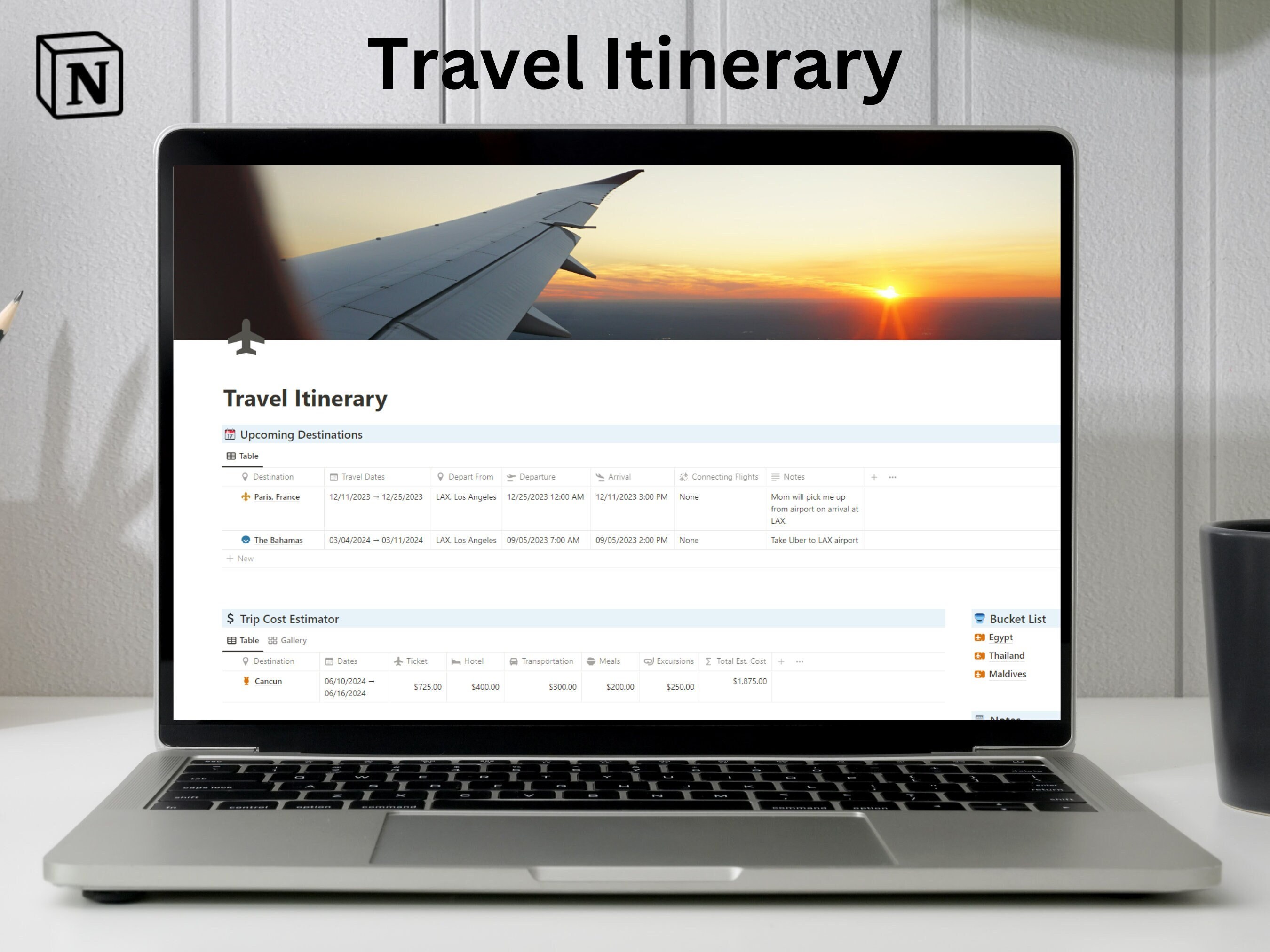 Travel Itinerary Template for Notion Trip Itinerary, Trip Cost
