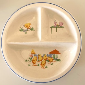 May include: A white divided plate with a blue rim. The plate has three sections with a chick hatching from an egg, a table with a cup and egg cup, and a group of chicks in front of a house.