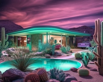 May include: A modern, mid-century style home with a swimming pool and lush landscaping. The home has a green exterior and a curved roofline. The pool is surrounded by desert plants and a stone patio.