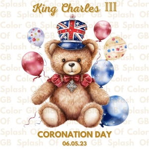 Jour du couronnement du roi Charles III 2023, ours en peluche mignon, Union Jack, PNG, conception de sublimation, fond transparent, téléchargement numérique instantané