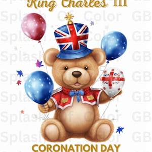 Jour du couronnement du roi Charles III 2023, ours en peluche mignon, Union Jack, PNG, conception de sublimation, fond transparent, téléchargement numérique instantané