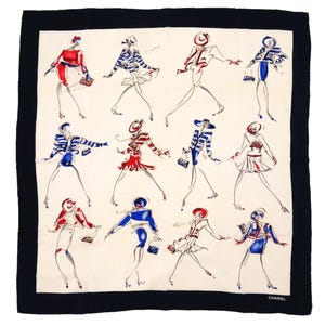 RARE Auth CHANEL Coco Silk Scarf Ivory and Navy Design Manuscript Vintage