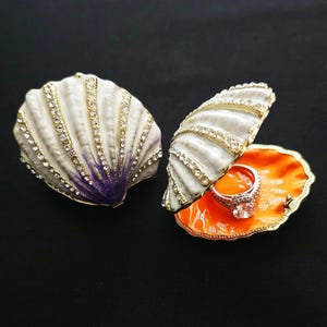 Hand-Painted Enamel Oyster Shell Ring Holder | Crystal Trim Trinket Jewelry Gift Box