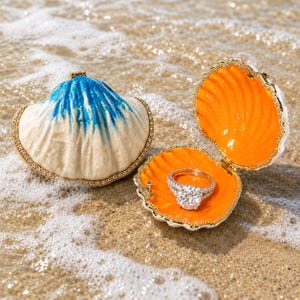 May include: A clam-shaped jewelry box with a cream and blue exterior and a bright orange interior. The box is open, revealing a silver-toned ring with a large central stone and smaller accent stones resting inside the bottom shell half.