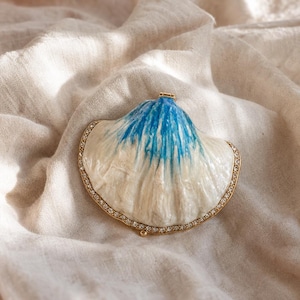 Hand-painted Oyster Shell Jewelry Box, Porcelain Crystals Coastal Keepsake Ring Holder