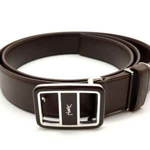 Authentic Yves Saint Laurent Leather Belt with Anchor Buckle – Unisex Dark Brown/Black