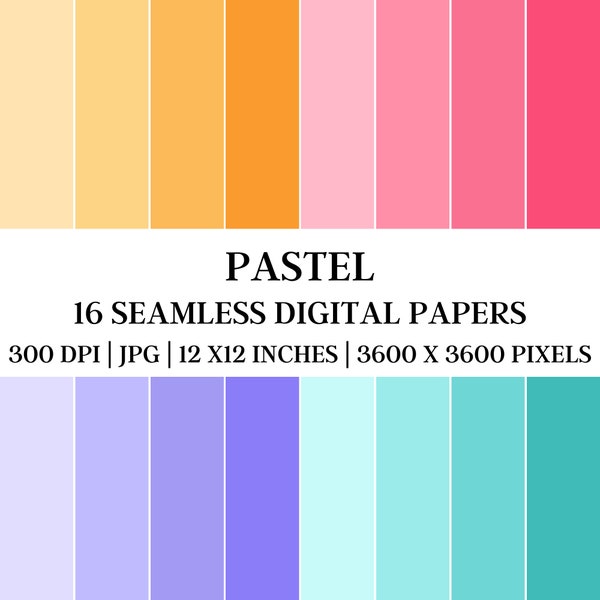 16 Seamless Pastel Color Papers Solid Color Digital Sheets Instant Download Personal Commercial Use 12x12 inches 300 DPI