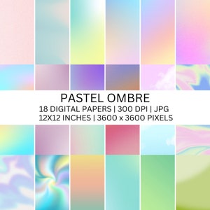 Pode incluir: Um conjunto de 18 papéis digitais com gradientes pastel ombré em várias cores. Os papéis são de 12x12 polegadas e 3600 x 3600 pixels, 300 DPI, e em formato JPG.
