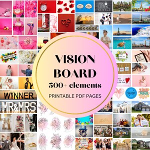 May include: A collage of images for a vision board with the text "Vision Board 500+ elements Printable PDF Pages". The images include hearts, wedding rings, houses, a Statue of Liberty, and a woman meditating.