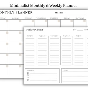 May include: A black and white printable planner with a minimalist design. The planner includes a monthly calendar and a weekly planner with sections for to-do lists and notes.