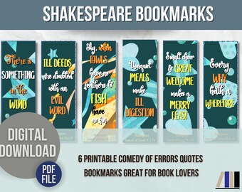 Shakespeare Bookmark Set Comedy of Errors Quotes, Book Club Gift, Shakespeare Gift Homeschool Bookmarks