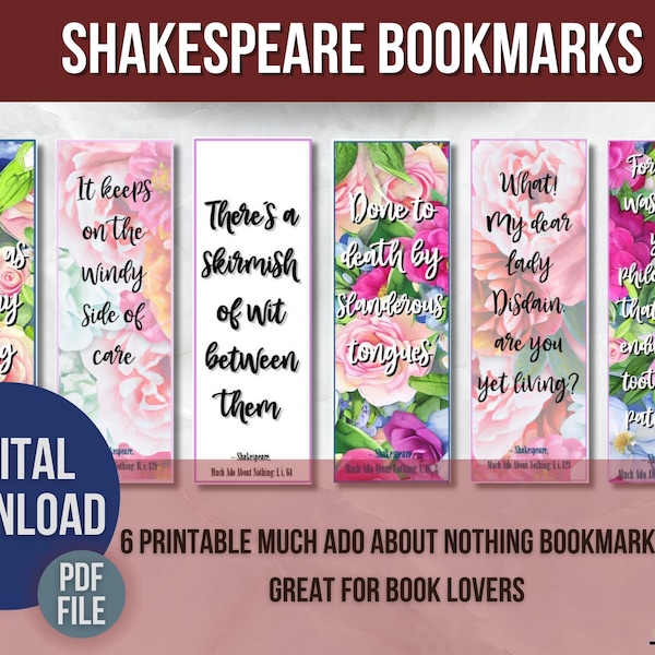 Shakespeare Bookmarks Much Ado About Nothing Quotes, Book Club Gift, Shakespeare Gift Homeschool Bookmark set