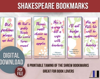 Shakespeare Bookmarks Taming of the Shrew Quotes, Book Club Gift, Shakespeare Gift Homeschool Bookmark set