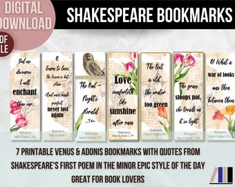 Shakespeare Bookmarks Venus & Adonis Quotes, Book Club Gift, Shakespeare Gift Homeschool Bookmark set, poetry lovers