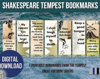 Shakespeare Bookmarks Tempest Quotes, Book Club Gift, Shakespeare Gift Homeschool Bookmark set