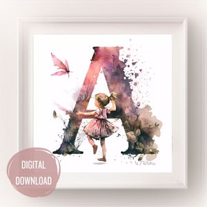Iniciais de fada personalizadas para o berçário, letra A em arte em aquarela - estampas de letras Boho para tipografia de decoração de quarto de bebê, monograma para meninas