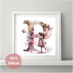 Iniciais de fada personalizadas para o berçário, letra P em arte em aquarela - estampas de letras Boho para tipografia de decoração de quarto de bebê, monograma para meninas