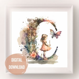 Initiales de fée personnalisées pour la chambre de bébé, lettre C en aquarelle - Impressions de lettres Boho pour typographie de décoration de chambre de bébé, monogramme pour filles