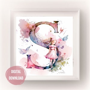 Iniciais de fada personalizadas para o berçário, letra S em arte em aquarela - estampas de letras Boho para tipografia de decoração de quarto de bebê, monograma para meninas