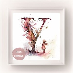Iniciais de fada personalizadas para o berçário, letra Y em arte em aquarela - estampas de letras Boho para tipografia de decoração de quarto de bebê, monograma para meninas