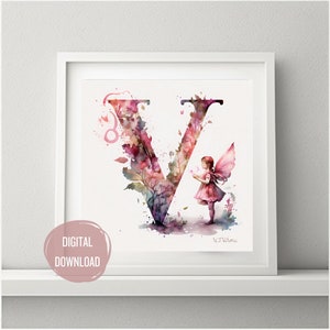 Iniciais de fada personalizadas para o berçário, letra V em arte em aquarela - estampas de letras Boho para tipografia de decoração de quarto de bebê, monograma para meninas