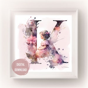 Iniciais de fada personalizadas para o berçário, letra K em arte em aquarela - estampas de letras Boho para tipografia de decoração de quarto de bebê, monograma para meninas