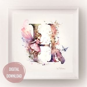 Iniciais de fada personalizadas para o berçário, letra H em arte em aquarela - estampas de letras Boho para tipografia de decoração de quarto de bebê, monograma para meninas