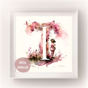 Iniciais de fada personalizadas para o berçário, letra I em arte em aquarela - estampas de letras Boho para tipografia de decoração de quarto de bebê, monograma para meninas