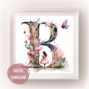 Iniciales de hadas personalizadas para la guardería, letra B en arte de acuarela - Impresiones de letras boho para tipografía de decoración de habitación de bebé, monograma para niñas