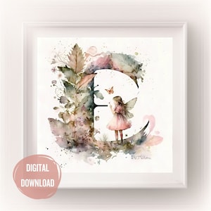 Iniciais de fada personalizadas para o berçário, letra E em arte em aquarela - estampas de letras Boho para tipografia de decoração de quarto de bebê, monograma para meninas