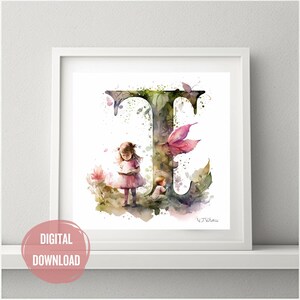 Iniciais de fada personalizadas para o berçário, letra T em aquarela - estampas de letras Boho para tipografia de decoração de quarto de bebê, monograma para meninas