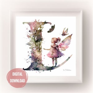 Iniciais de fada personalizadas para o berçário, letra L em arte em aquarela - estampas de letras Boho para tipografia de decoração de quarto de bebê, monograma para meninas