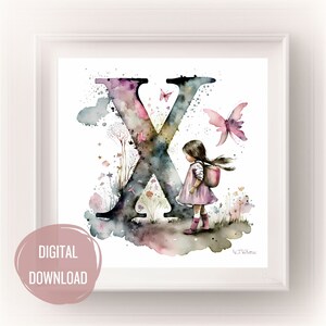 Iniciales de hadas personalizadas para la guardería, letra X en arte de acuarela - Impresiones de letras boho para tipografía de decoración de habitación de bebé, monograma para niñas