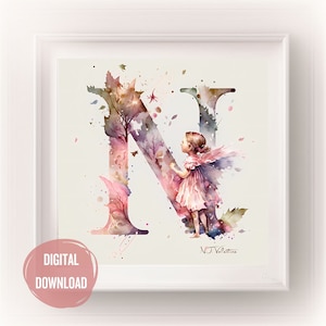Iniciais de fada personalizadas para o berçário, letra N em arte em aquarela - estampas de letras Boho para tipografia de decoração de quarto de bebê, monograma para meninas